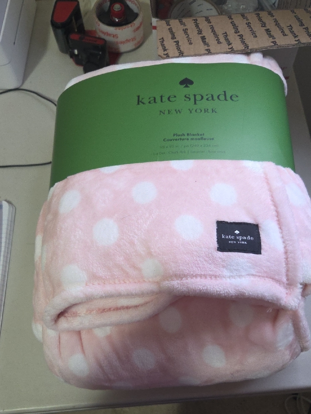 kate spade Pink and White Polka Dot Plush Blanket